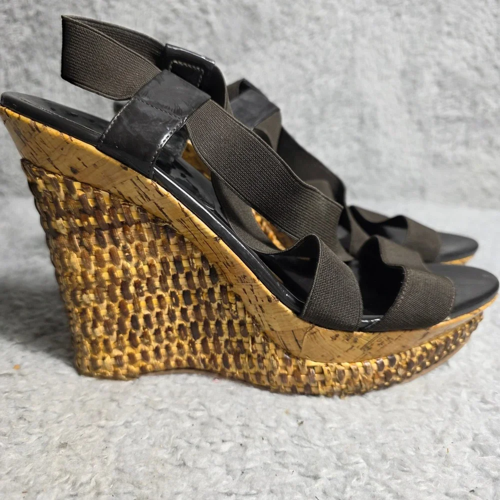 BCBG Wedge Platform Sandals Black Stretch Strappy Woven Straw Women‎ Size 10 Y2K